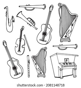 Explore our hand-drawn musical instrument icons! Featuring a piano, harp, guitar, and violin on a white background. Perfect for music-related designs, instrument catalogs, and artistic visuals