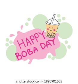 Explore our 'Happy Boba Day' hand-drawn lettering! Featuring adorable kawaii boba, Thai milk tea, and tapioca pearls. Ideal for sweet greetings, boba-themed visuals, and playful designs.