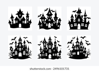 Explore our 'Haunted Halloween House' black silhouette vector illustration bundle. Perfect for creating spooky designs, this set features eerie haunted house silhouettes ideal for Halloween-themed pro