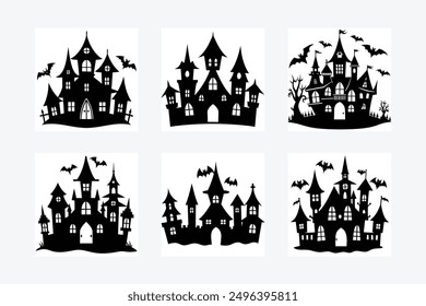 Explore our 'Haunted Halloween House' black silhouette vector illustration bundle. Perfect for creating spooky designs, this set features eerie haunted house silhouettes ideal for Halloween-themed pro