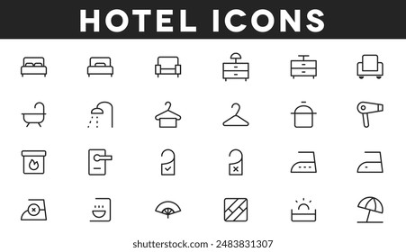 Explore our hotel icon set featuring essential comforts like cozy beds, coffee machines, and relaxing bathtubs. Each symbol ensures a welcoming and convenient stay.