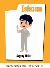 Explore nosso microsite com Ishaan, um personagem de desenho animado de menino bonito com cabelo preto alegremente dizendo olá. Esta coleção inclui ilustrações vetoriais de Ishaan com expressões amigáveis.