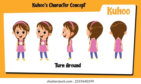 Explore our microsite featuring Kuhoo a girl cartoon character with brown hair presented in a complete turnaround sheet. This set includes illustrations showcasing Kuhoo from  from multiple angle.