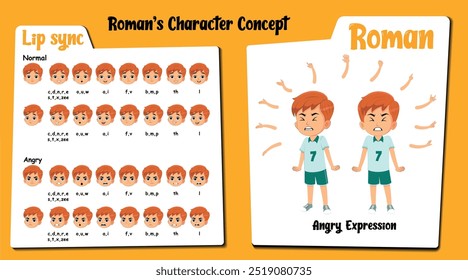 Explore our microsite featuring Roman, an Australian boy cartoon character with a fiery temper. This set includes vector illustrations of Roman showcasing angry expressions, lip-sync and standing pose