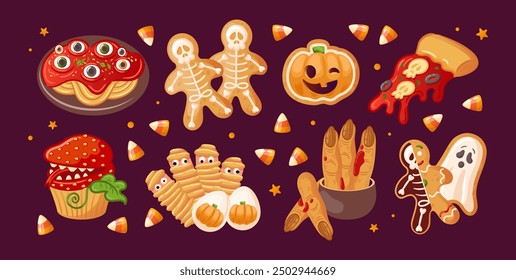 Explore our Spooky Halloween Treats and Sweets Collection full of delightful surprises. Pasta with eyes. Skeleton Gingerbread. mummy sausages. pizza slice with skull. for cafe, menu, sticker, design