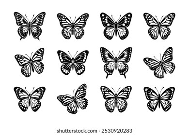 Explore our stunning collection of Monarch butterfly silhouettes in vector format. Perfect for nature-themed designs, these black-and-white illustrations are isolated on a clean white background. Idea