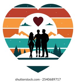 Explore our unique Wanderlust Love Silhouette on a retro vintage background, available as high-quality line art, icons, logo icons, and clipart. Perfect for creative projects,