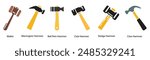 Explore our vector icon set showcasing 6 popular hammer types: mallet, Warrington, ball pein, club hammer, sledge hammer, and claw hammer. Perfect for tool and construction graphics