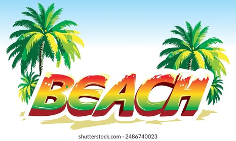 Explore our vibrant beach vector in Rastafari colors, featuring palm trees and text. Perfect for t-shirt designs, posters, and digital art to add a tropical flair