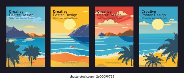 Explore our vibrant collection of 4 vector vacation fun-themed poster designs, featuring colorful vintage aesthetics. Perfect for travel agencies, holiday promotions, summer campaigns.