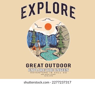 Explore outdoor. Mountain vector print design. Wild river artwork for posters, stickers, background and others. Outdoor national park vibes illustration.