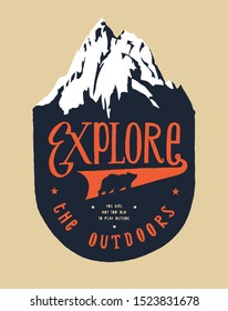 Explore the outdoors - bear in front of the ice covered mountain peak - wild nature life - vintage hiking print - distressed vector illustration