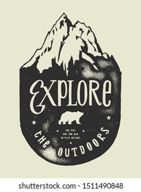 Explore the outdoors - bear silhouette in front of ice covered mountain - distressed silkscreen t-shirt print - vintage travel typography illustration