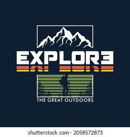 Explorar la camiseta de estilo vintage al aire libre, sudadera, capucha, diseño impreso listo para imprimir arte vectorial