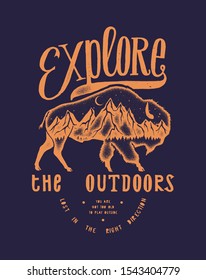 Explore the outdoors - vintage typography hiking print with american bison and mountains inside it