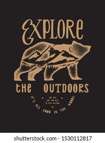 Explore the outdoors - Vintage typography t-shirt print with bear and mountain range - silk screen style design