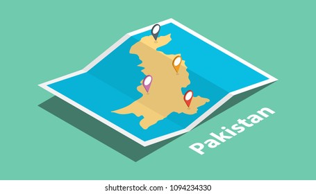 explore pakistan maps with isometric style and pin marker location tag on top vector illustration