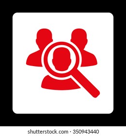 Explore Patient vector icon. Style is flat rounded square button, red and white colors, black background.
