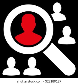 Explore Patients vector icon. Style is bicolor flat symbol, red and white colors, rounded angles, black background.