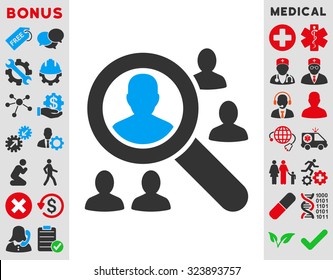Explore Patients vector icon. Style is bicolor flat symbol, blue and gray colors, rounded angles, white background.