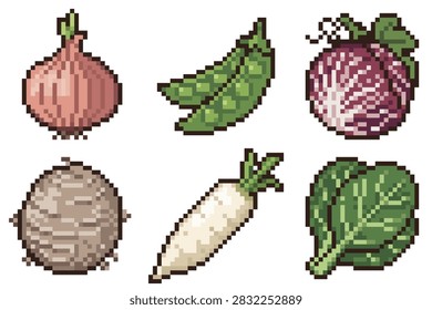 Explore a pixel art set featuring healthy vegetables like shallots snow peas radicchio taro daikon and collard greens