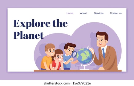 Explore the planet landing page vector template. Geographical club for kids website interface idea with flat illustrations. After school homepage layout. Web banner, webpage cartoon concept