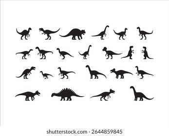 Explore the prehistoric world with this striking collection of twenty black dinosaur silhouettes
