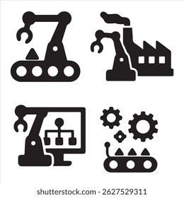 Explore una colección premium de iconos de robótica y automatización. Brazo robótico Robot humanoide Robot Industrial Robot Automation Gear y diseños de tecnología inteligentes. Ideal para proyectos de ingeniería, tecnología y UI