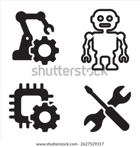 Explore a premium collection of robotics and automation icons. Robotic Arm Humanoid Robot Industrial Robot Automation Gear and smart technology designs. Ideal for engineering, tech, and UI projects