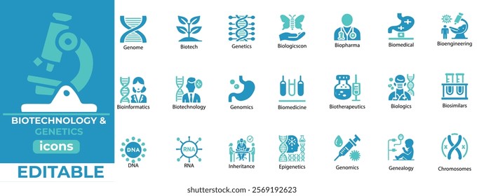 Explore professional Biotechnology and Genetics icon vectors Editable designs for biotech, DNA, genomes and more