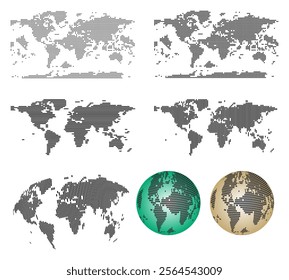 Explore the Realistic Horizontal or Vertical Strip Line World Map Just Glove Dotted World Map Vector Design featuring detailed continents, countries, and connections for infographics, cartography View