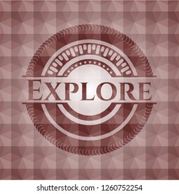 Explore red emblem or badge with abstract geometric polygonal pattern background. Seamless.