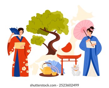 Explore the rich essence and layers of Japanese culture through its traditional figures and iconic elements vector illustration