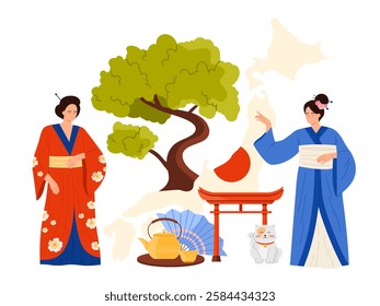 Explore the rich essence and layers of Japanese culture through its traditional figures and iconic elements vector illustration