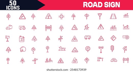 Explore a Road Sign Outline Icon Set with editable stroke, pixel-perfect design, and minimalistic style. Perfect for web UI, app design, and vector illustration for traffic navigation symbols.
