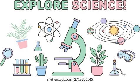 Entdecken Sie Science Concept Illustration mit niedlichen Labor- und Weltraum-Icons für die Kindererziehung