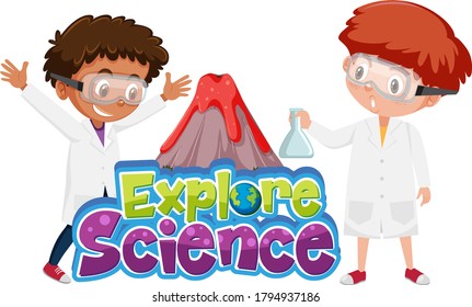 Explore science logo and children with volcano science experiment isolated illustration