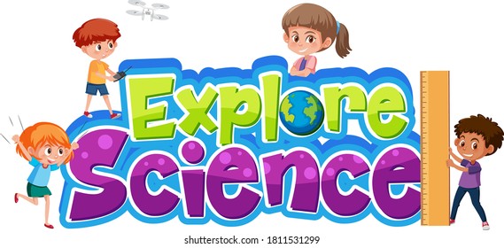 Explore science logo with different kids isolated illustration
