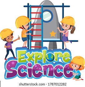 Explorar el logo científico con niños que usan ilustraciones aisladas de ingeniero