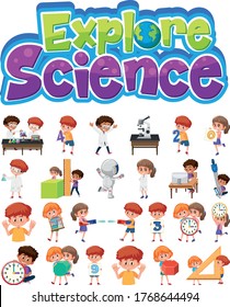 Explore science logo and set of children with education objects isolated illustration
