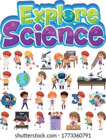 Explore science logo and set of children with education objects isolated illustration