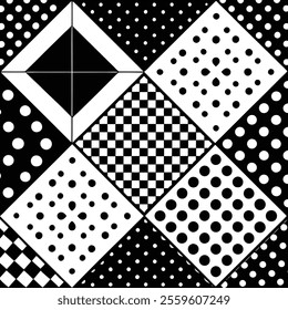 Explore a seamless black and white patchwork pattern featuring hand-drawn checkered and dotted designs. Perfect for digital projects, crafting, textiles, and stylish backgrounds.