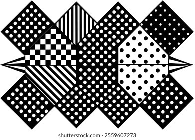 Explore a seamless black and white patchwork pattern featuring hand-drawn checkered and dotted designs. Perfect for digital projects, crafting, textiles, and stylish backgrounds.