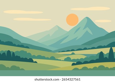 Explore a serene mountain landscape featuring gentle hills and a warm sun. Soft pastel tones create a tranquil atmosphere, perfect for artistic designs.