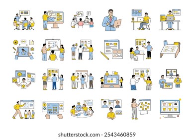 Explore um conjunto de ilustrações vetoriais de design plano que descrevem vários cenários de desenvolvimento de design. Esse pacote inclui pessoas criando layouts de interface, selecionando paletas de cores, elementos de desenho,