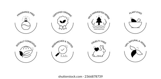 Explorar un conjunto de iconos que representan opciones de productos naturales, veganas y éticas. Estos símbolos significan productos 100% naturales, sin crueldad, minuciosamente investigados y probados,