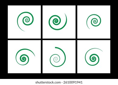 Explore a set of spiral design vectors featuring abstract green swirl patterns, perfect for modern and artistic projects.