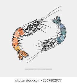 Explore shrimp drawing designs in Japanese hand-drawn minimalist style. Simple line vector art ideal for logos, menus, and decor. Elegant, modern, and versatile stock graphics for creative projects!