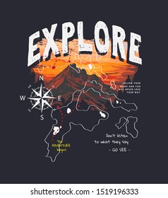 Explore Slogan On Mountain Sunset Background With Map Illustration