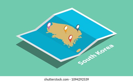 explore south korea maps with isometric style and pin marker location tag on top vector illustration